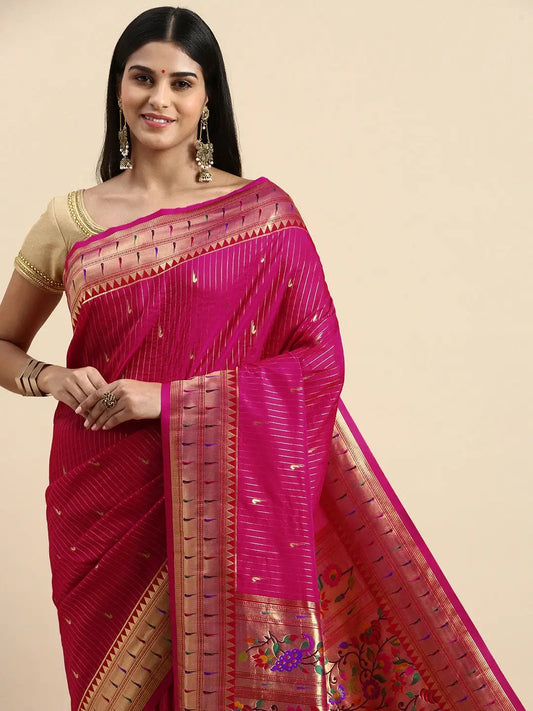 Exquisite Yevla Paithani Minakari Work Silk Saree in Pink Colour by My Store