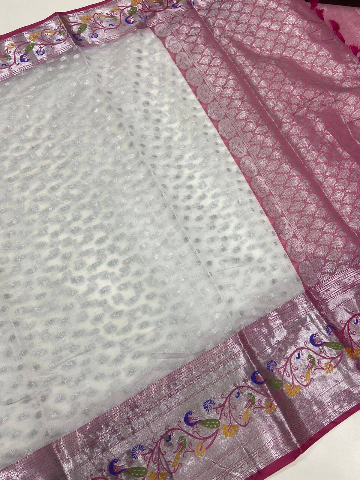White Pink Organza Kasavu Saree
