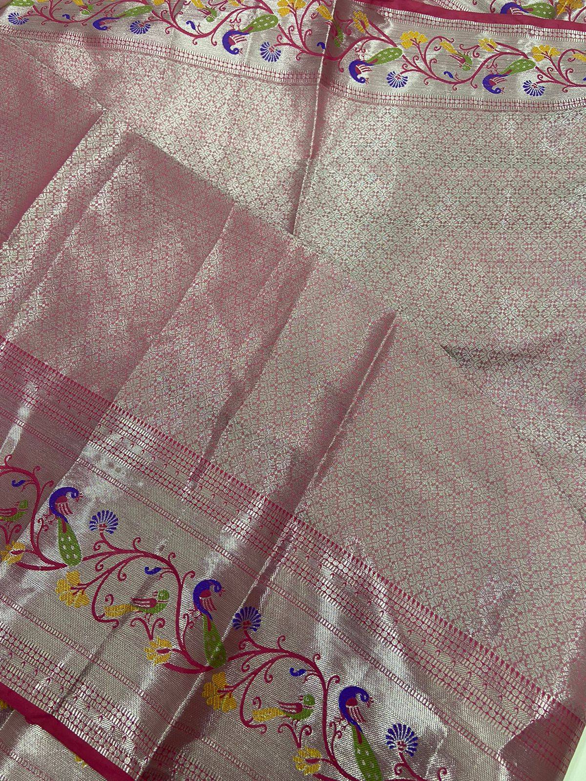 White Pink Organza Kasavu Saree