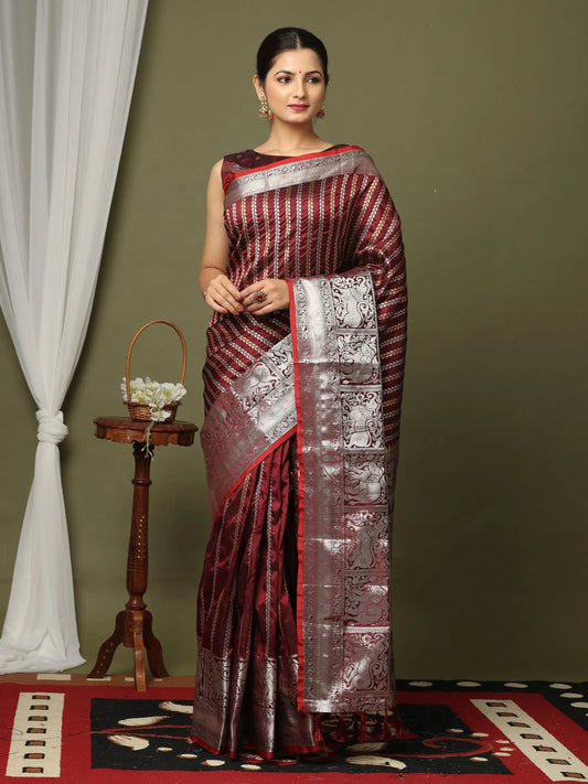 Striped Woven Design Zari Silk Blend Kanjivaram Saree by My Store