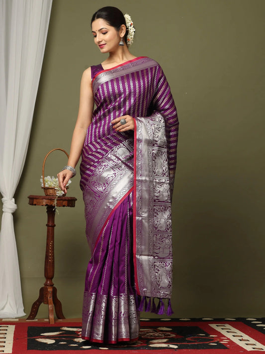 Striped Woven Design Zari Silk Blend Kanjivaram Saree by My Store