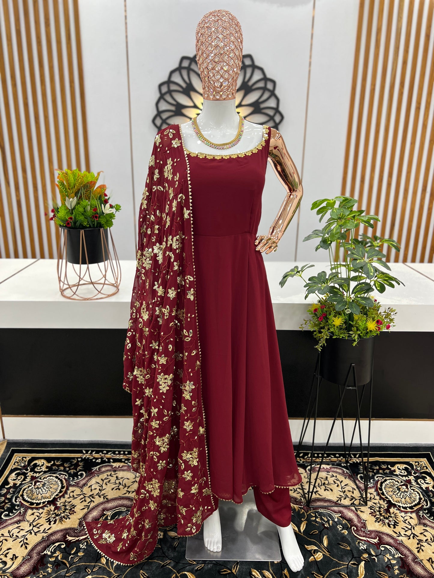 Maroon Heavy Faux Georgette Anarkali Gown With Embroidery Sequence Work Dupatta by My Store