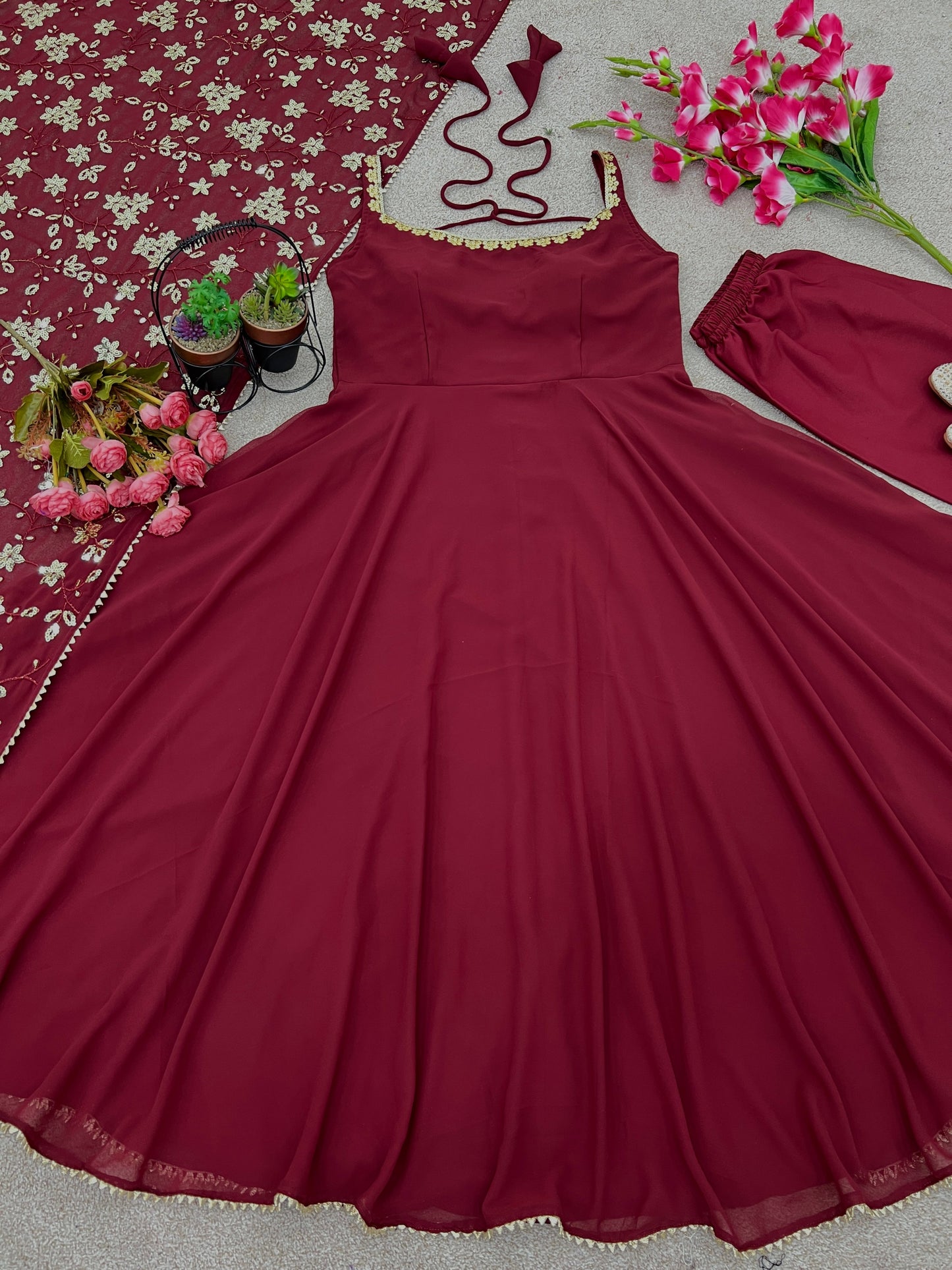 Maroon Heavy Faux Georgette Anarkali Gown With Embroidery Sequence Work Dupatta by My Store