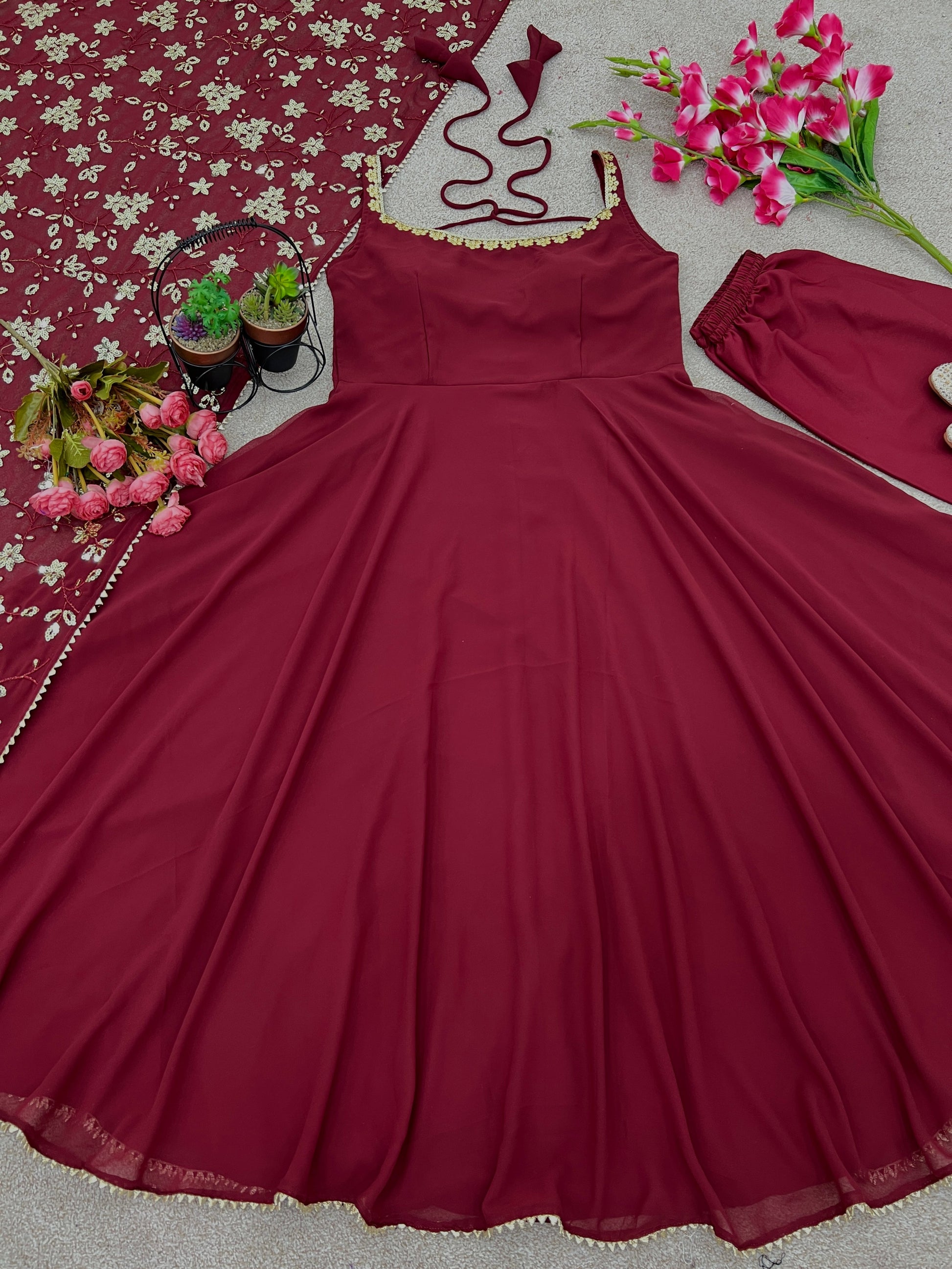 Maroon Heavy Faux Georgette Anarkali Gown With Embroidery Sequence Work Dupatta by My Store