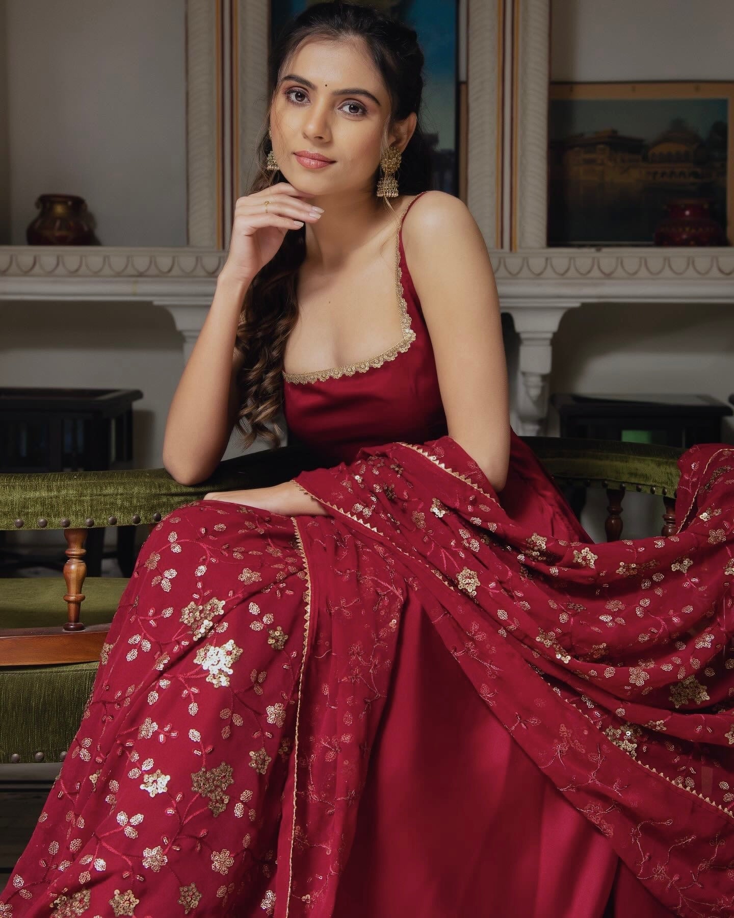 Maroon Heavy Faux Georgette Anarkali Gown With Embroidery Sequence Work Dupatta by My Store