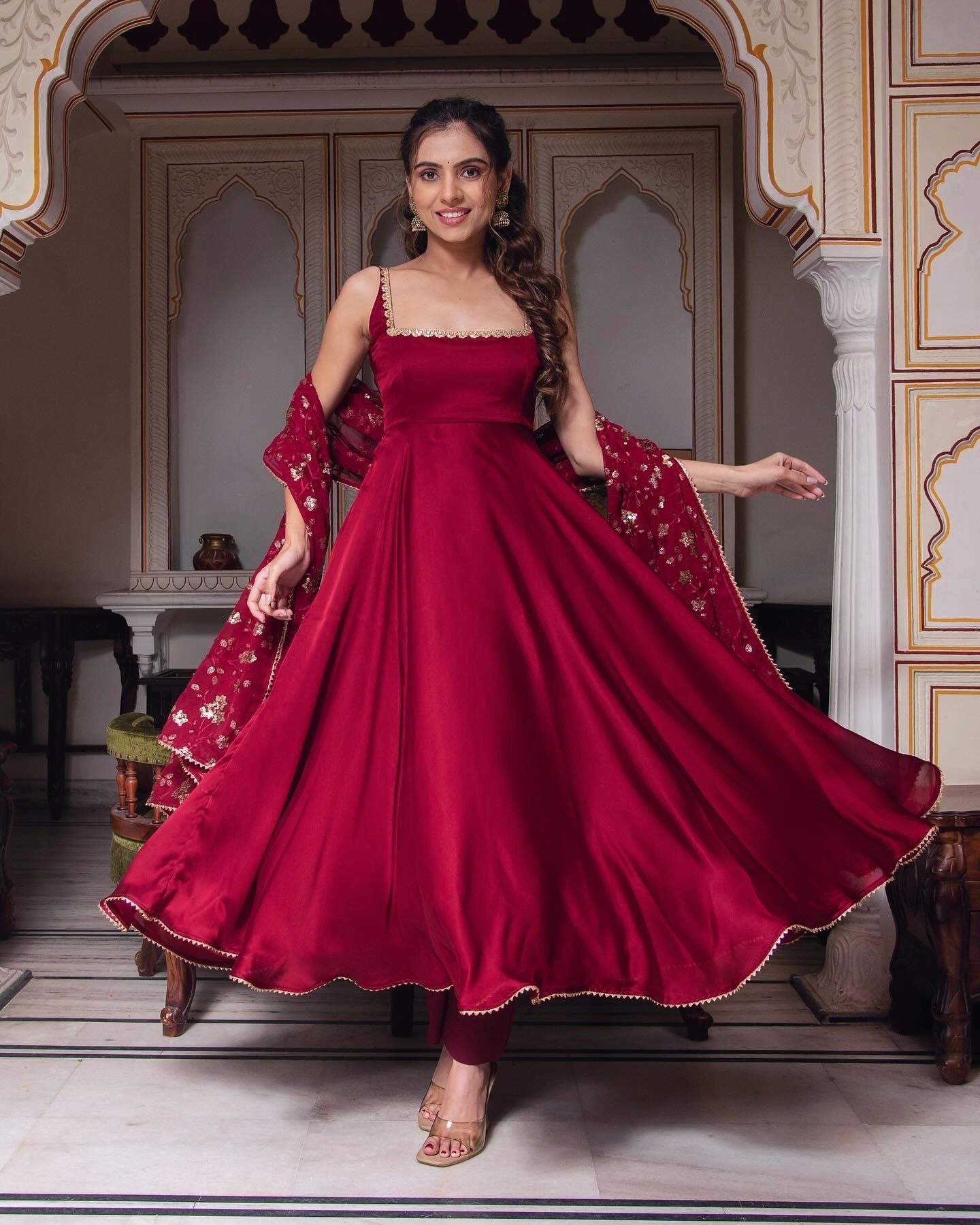 Maroon Heavy Faux Georgette Anarkali Gown With Embroidery Sequence Work Dupatta by My Store