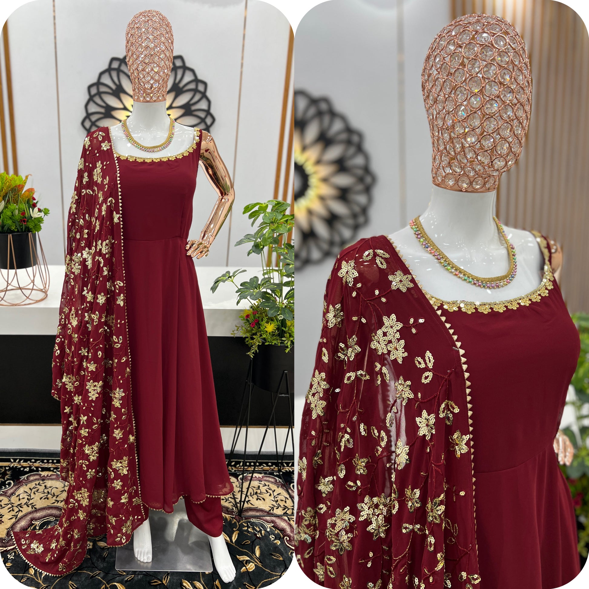 Maroon Heavy Faux Georgette Anarkali Gown With Embroidery Sequence Work Dupatta by My Store
