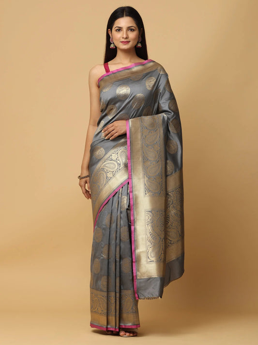 Grey Colour Banarasi Katan Silk Kanchi Zari Weaving Saree by My Store