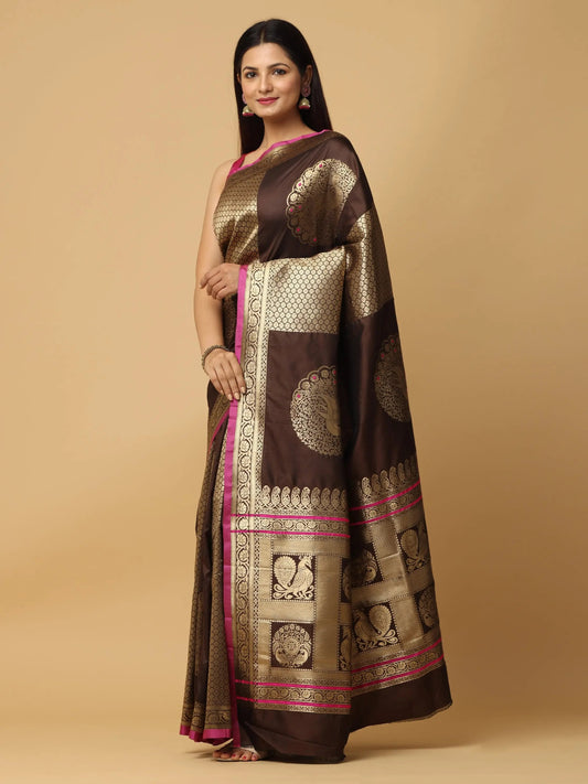 Brown Colour Banarasi Katan Silk Kanchi Zari Weaving Saree by My Store