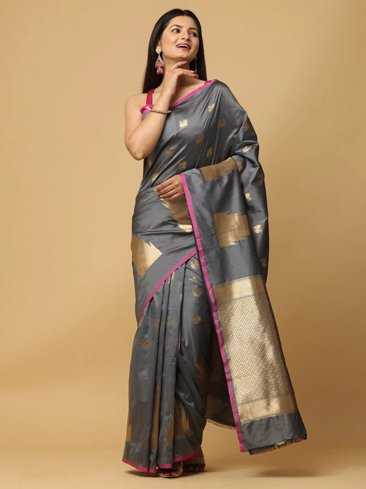 Banarasi Katan Silk Grey Colour Kanchi Zari Weaving Saree
