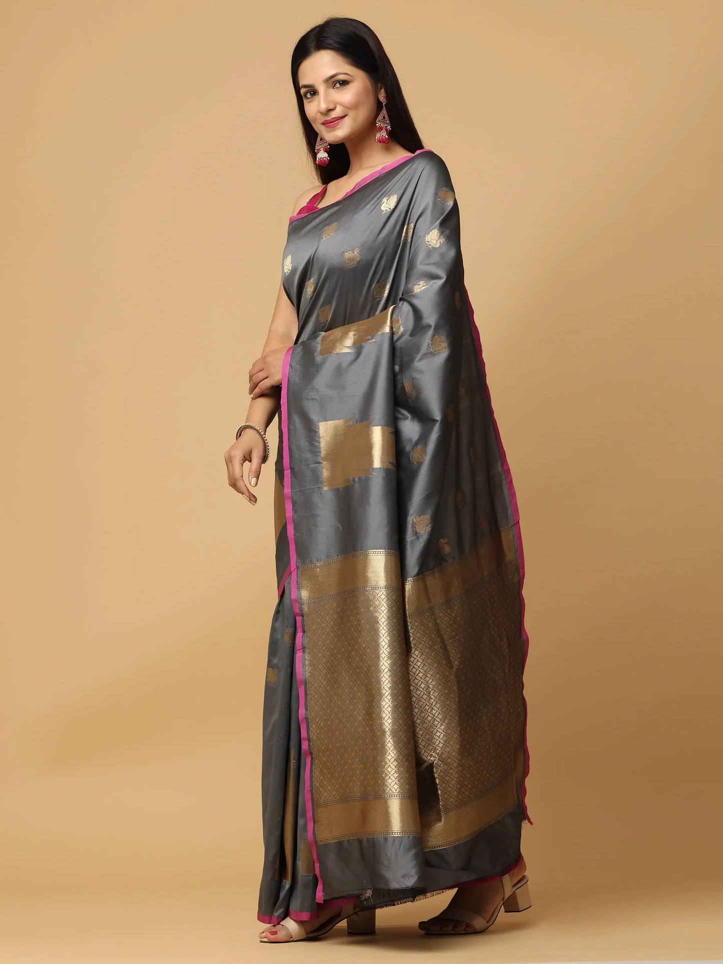 Banarasi Katan Silk Grey Colour Kanchi Zari Weaving Saree