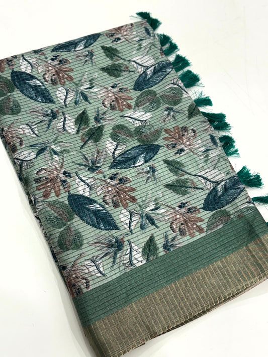 Green Tussar Chex Floral Print Saree by My Store