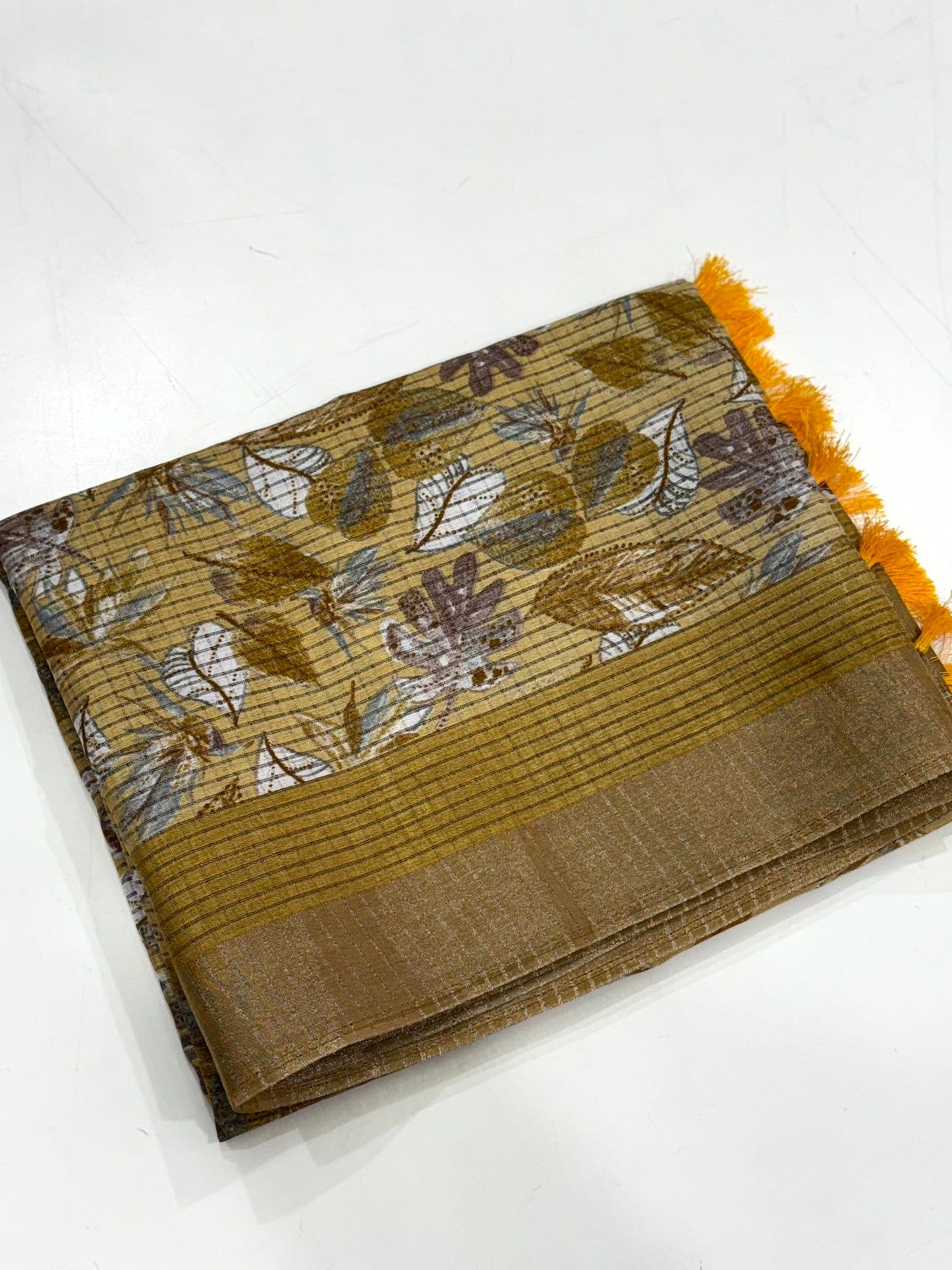 Mustard Tussar Chex Floral Print Saree by My Store