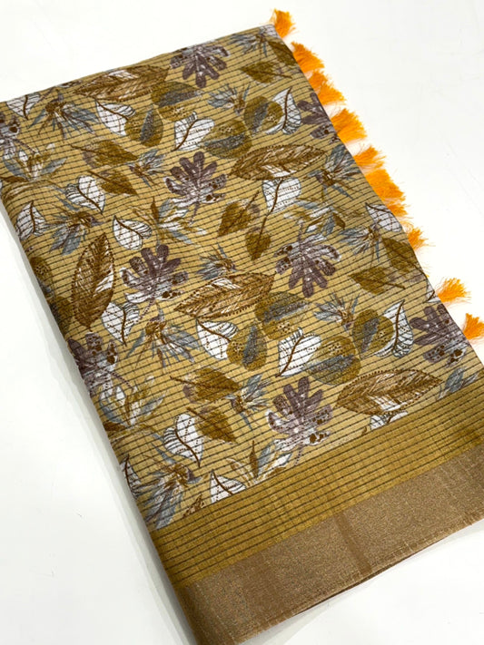 Mustard Tussar Chex Floral Print Saree by My Store