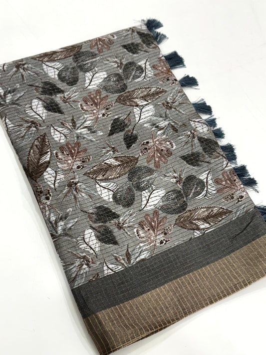 Grey Tussar Chex Floral Print Saree by My Store