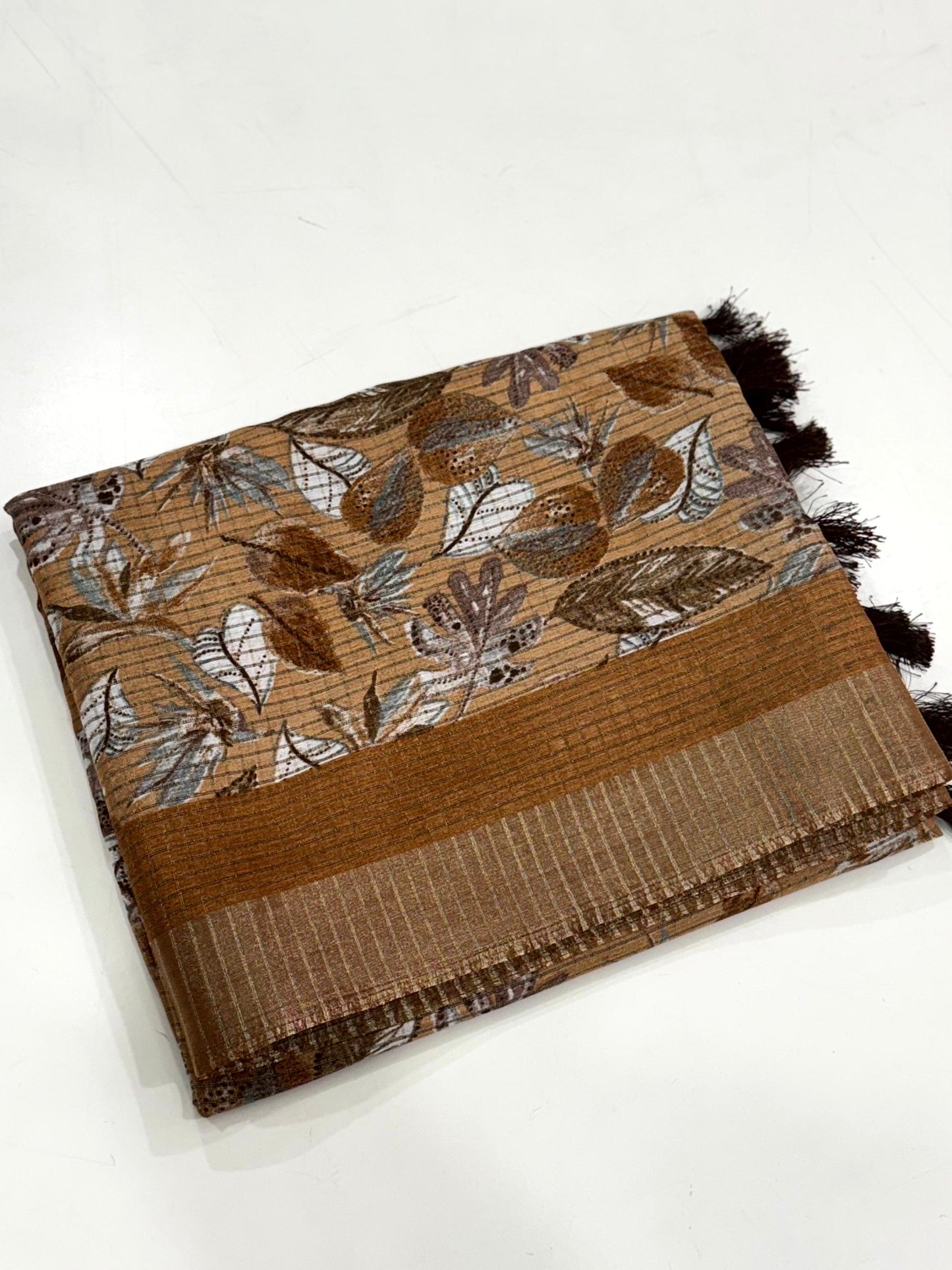 Camel Brown Tussar Chex Floral Print Saree by My Store