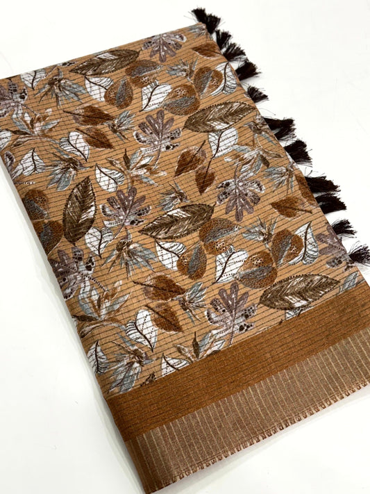 Camel Brown Tussar Chex Floral Print Saree by My Store