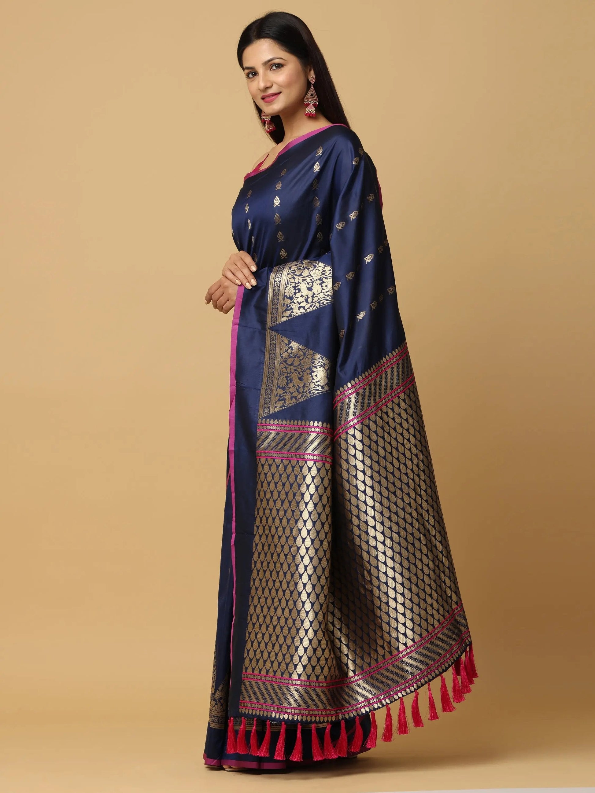 Banarasi Katan Silk Navy Colour Kanchi Zari Weaving Saree by My Store