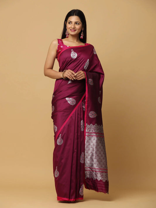 Wine Colour Banarasi Katan Silk Kanchi Zari Weaving Saree