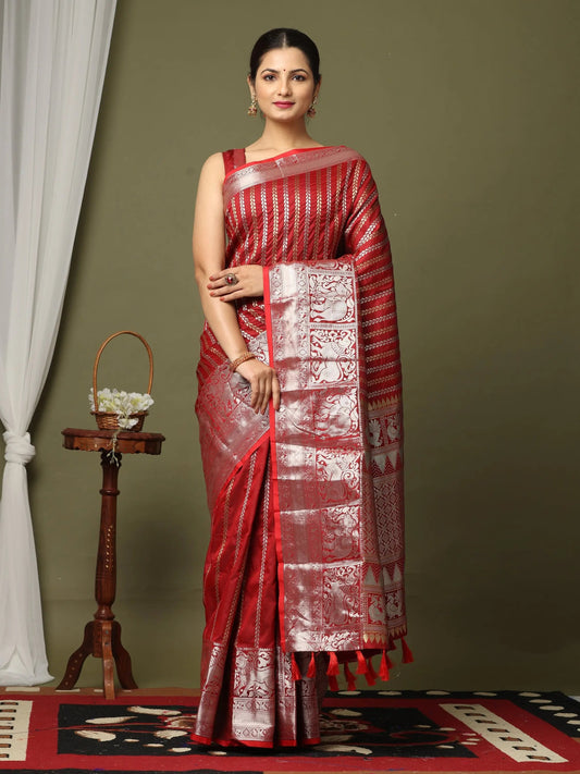 Striped Woven Design Zari Silk Blend Kanjivaram Saree by My Store