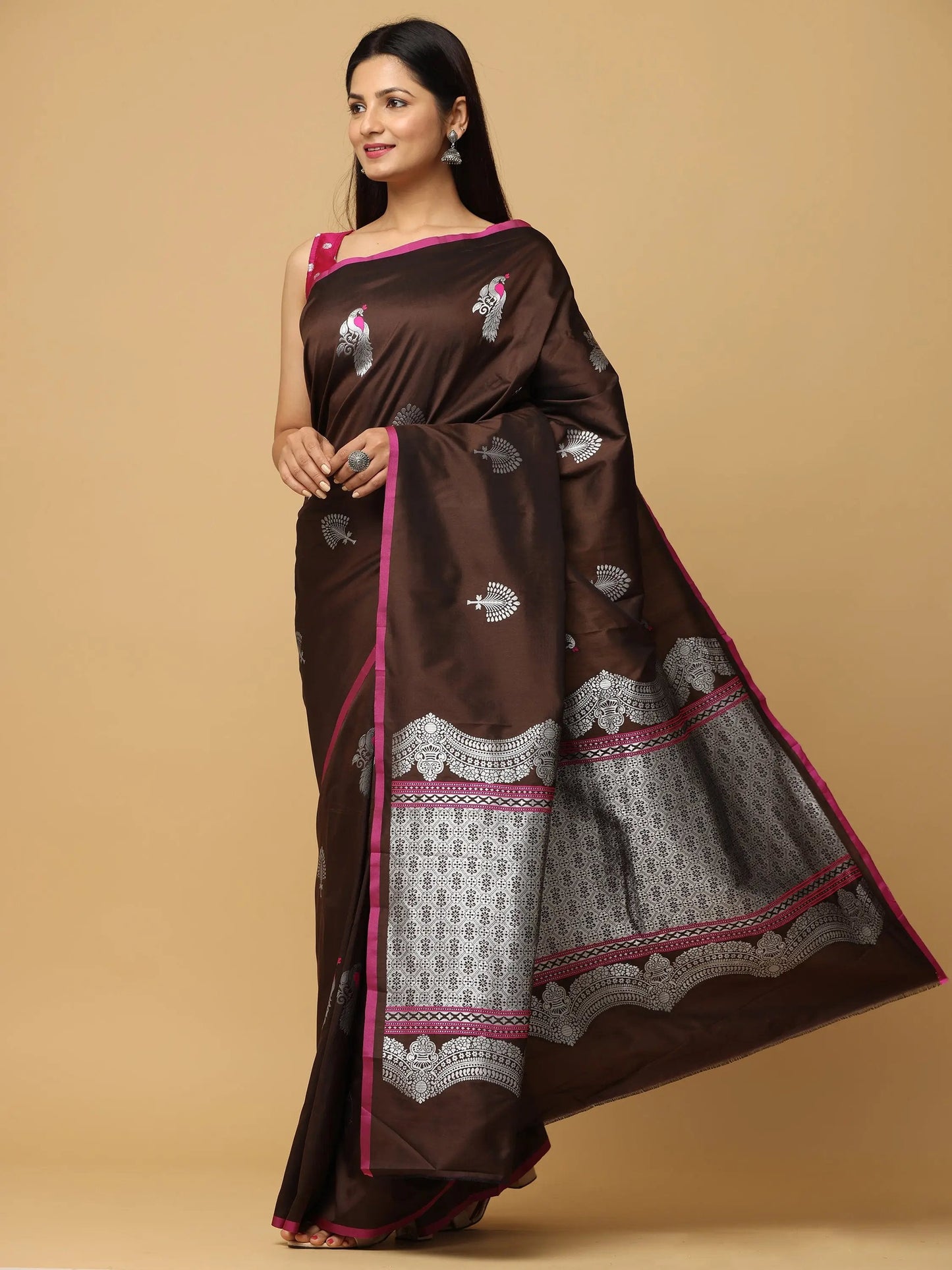 Banarasi Katan Silk Brown Colour Kanchi Zari Weaving Saree