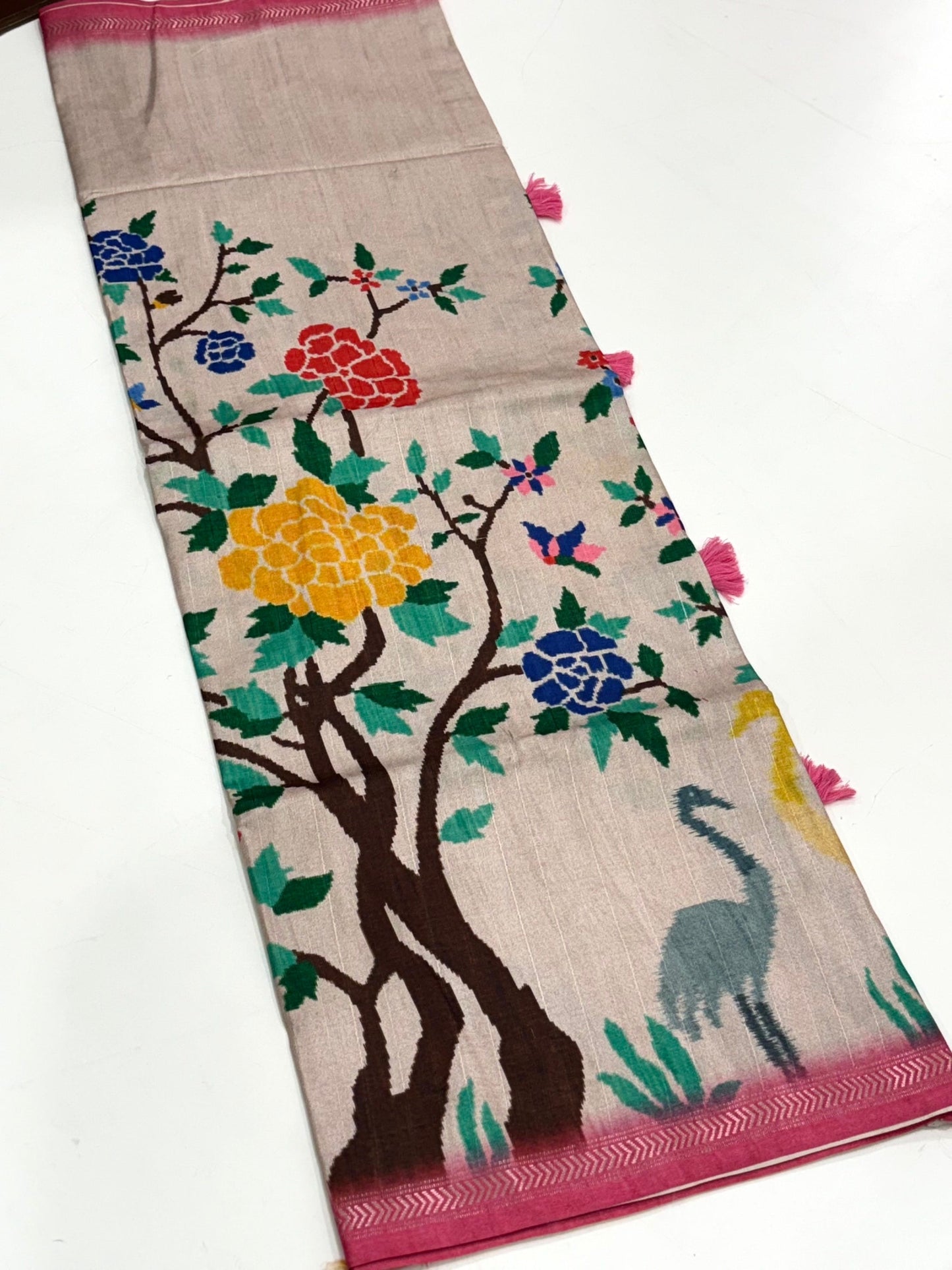 White Floral Ikat Tussar Ghicha Silk Saree
