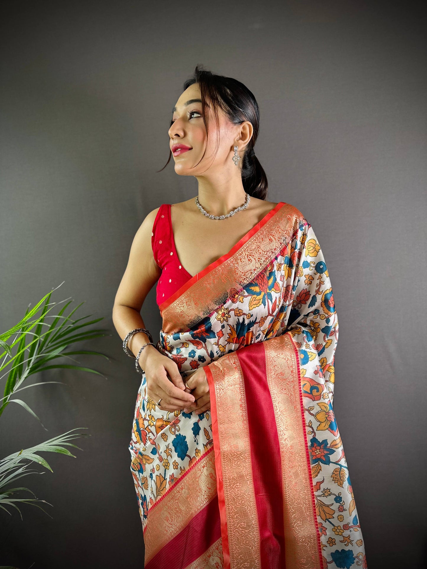 White Colour Soft Silk Kalamkari Saree