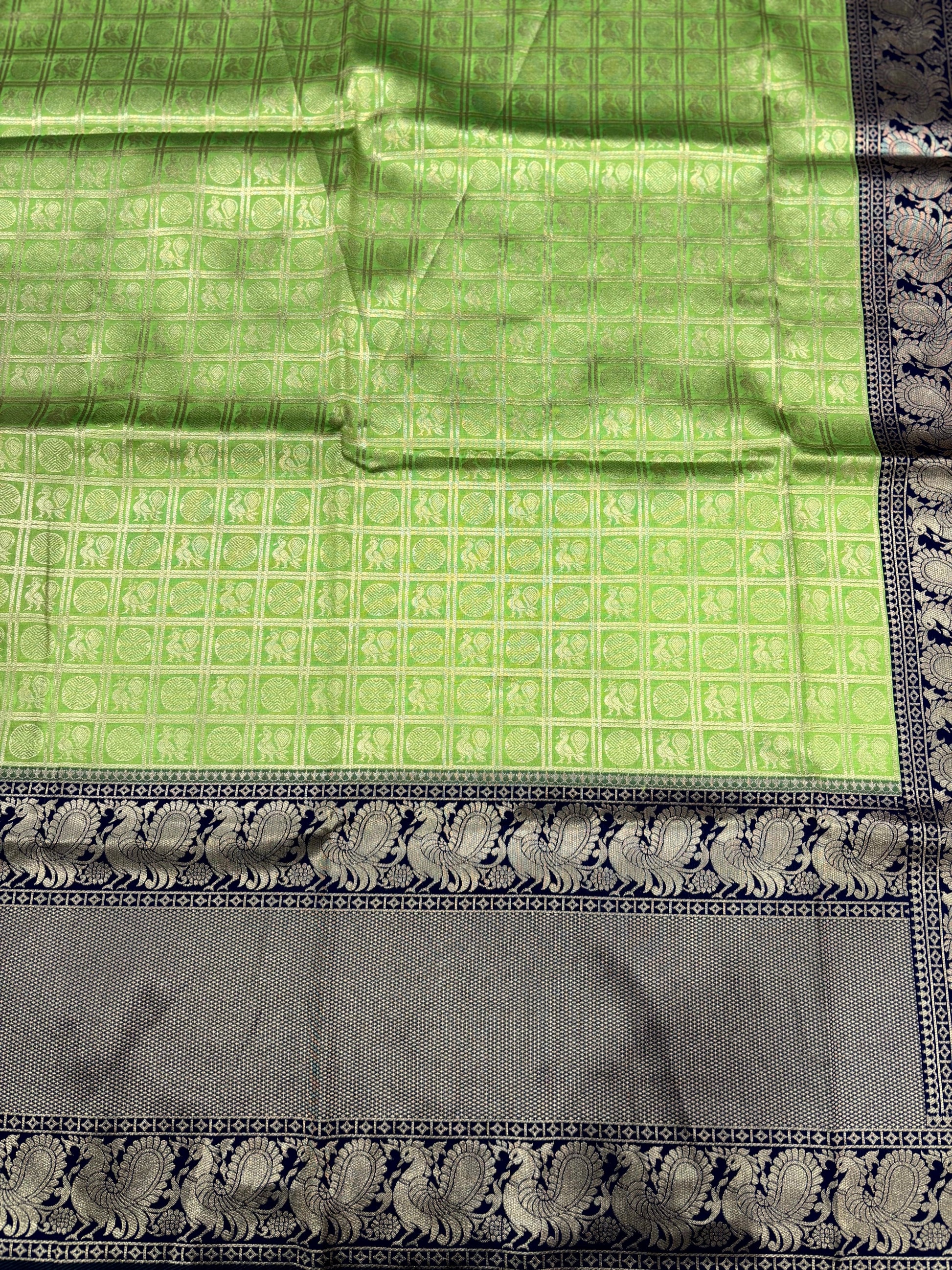 Green Silver Zari Butta Kanjivaram Silk Saree by My Store