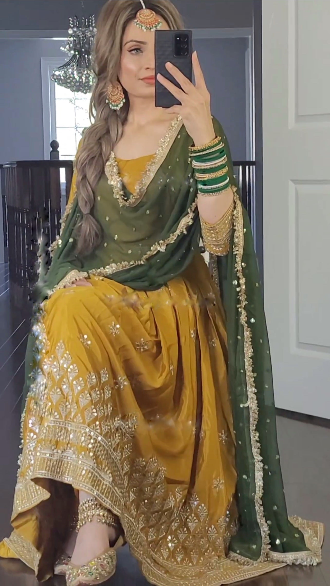 Mustered Color Anarkali Gown With Green Dupatta by My Store