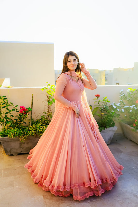 Solid Peach Long Flair Double Layered Anarkali With Dupatta by My Store