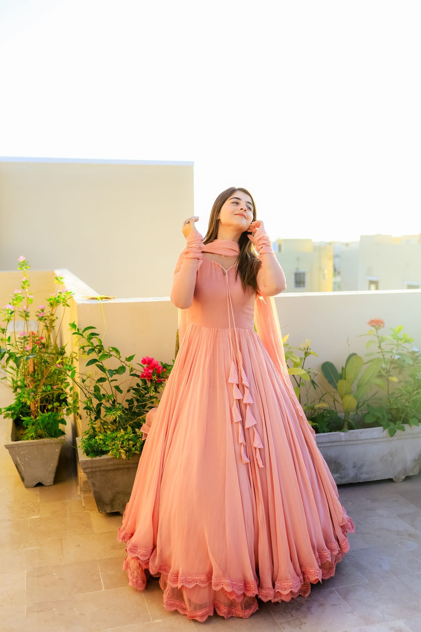 Solid Peach Long Flair Double Layered Anarkali With Dupatta by My Store
