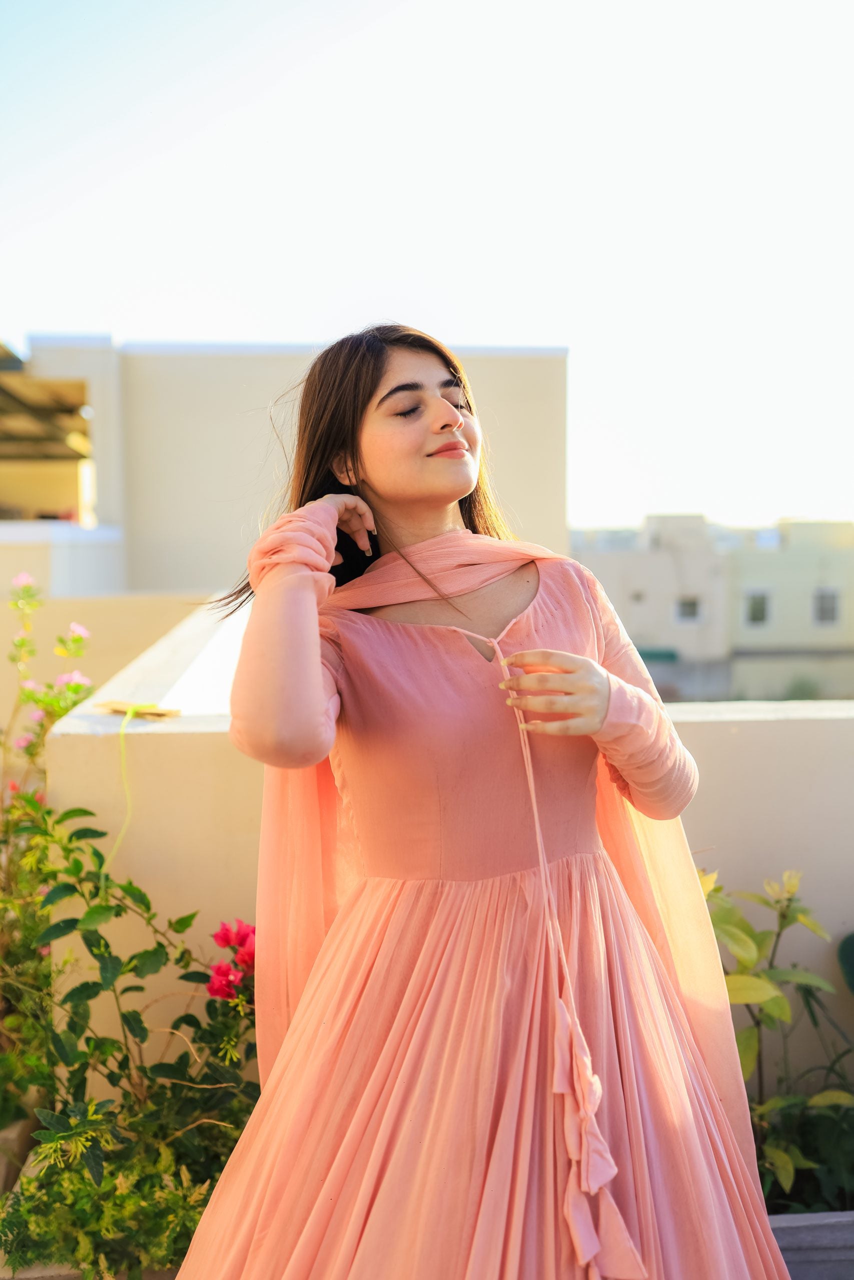 Solid Peach Long Flair Double Layered Anarkali With Dupatta by My Store
