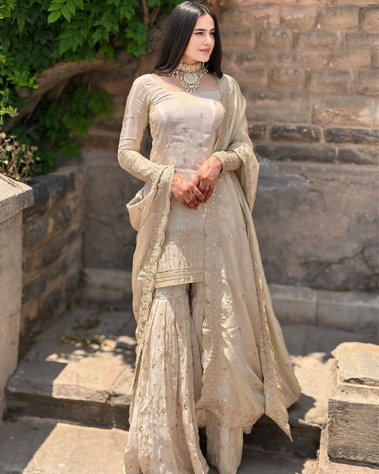 Delightful White Color Georgette Embroidery Work Sharara Suit by My Store
