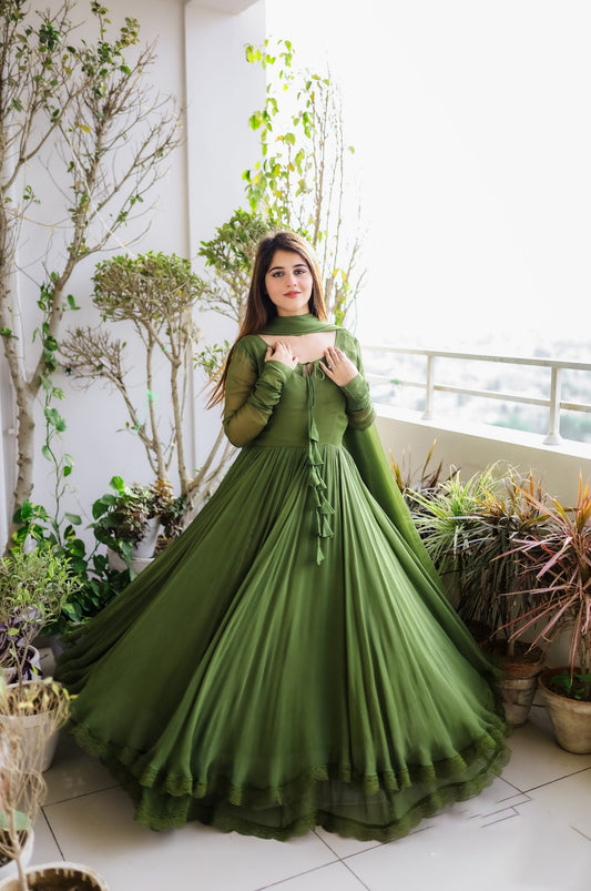 Good Looking Lace Border Mehndi Gown With Plain Dupatta by My Store