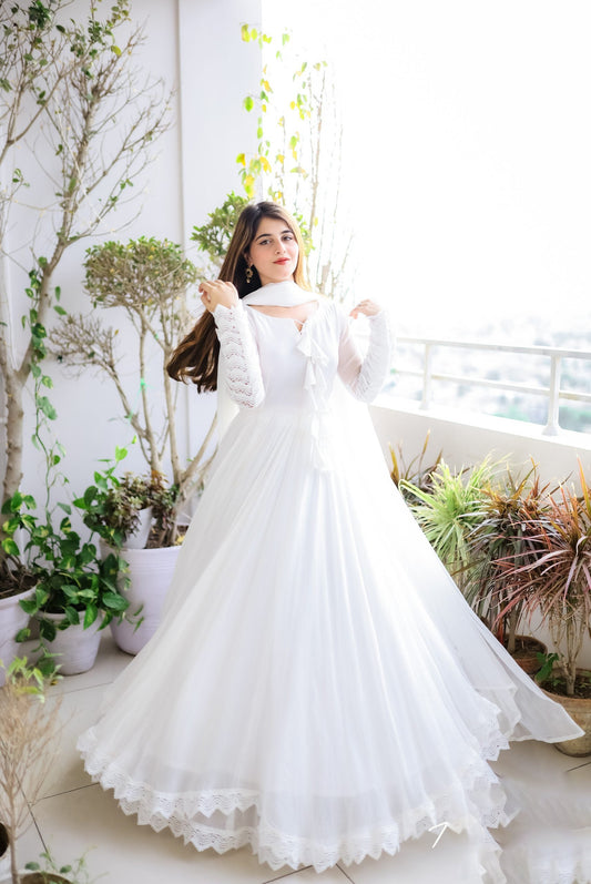 White Long Flair Double Layered Anarkali With Dupatta by My Store