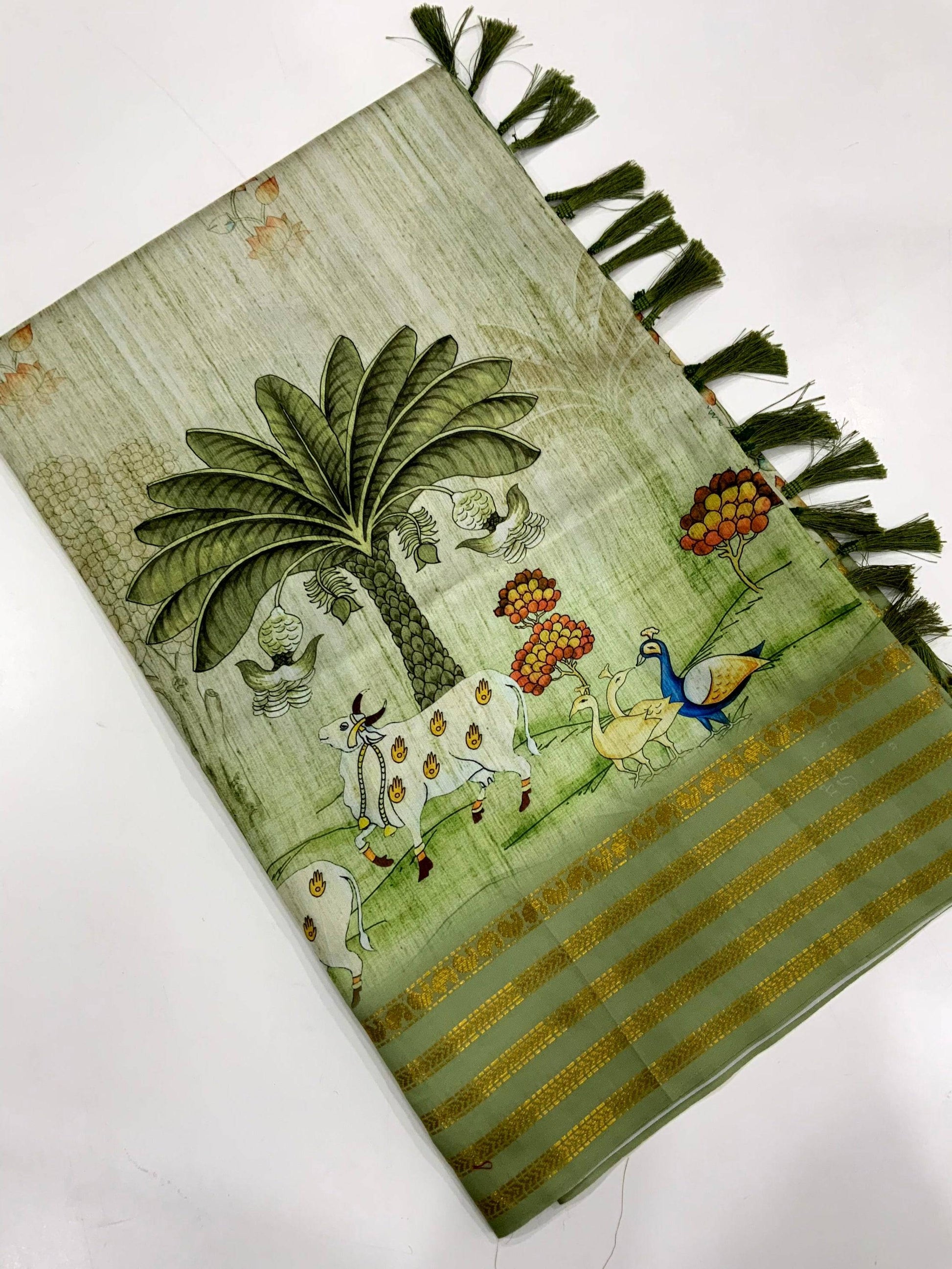 Elegant Soft Silk Pista Pichwai Prints Saree by My Store