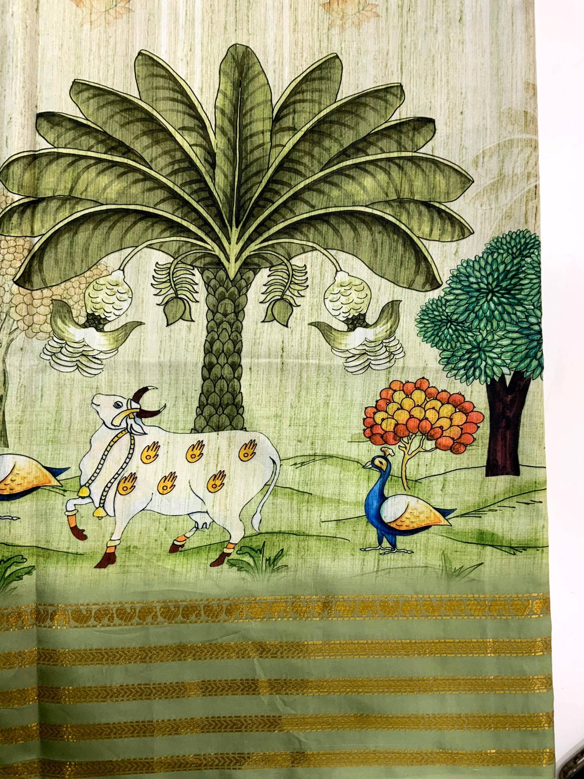 Elegant Soft Silk Pista Pichwai Prints Saree by My Store