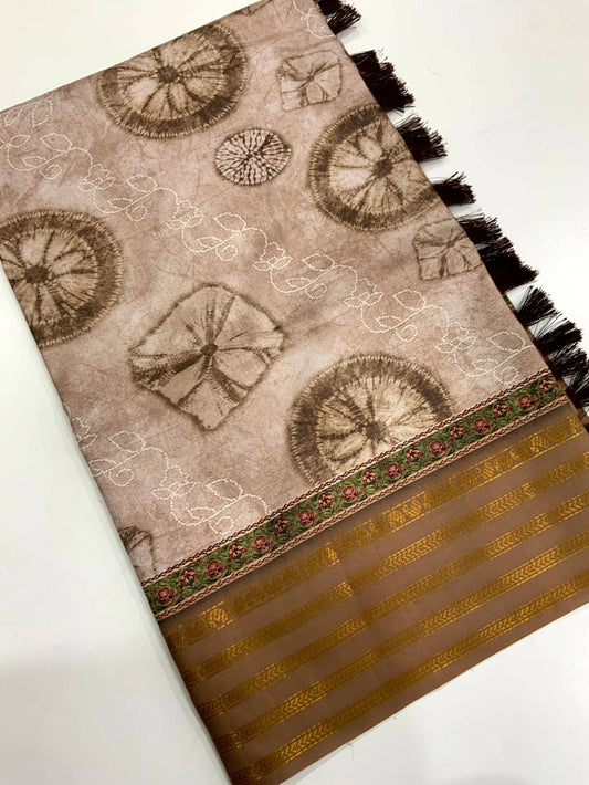 Brown Soft Silk Shibori Printed Saree by My Store