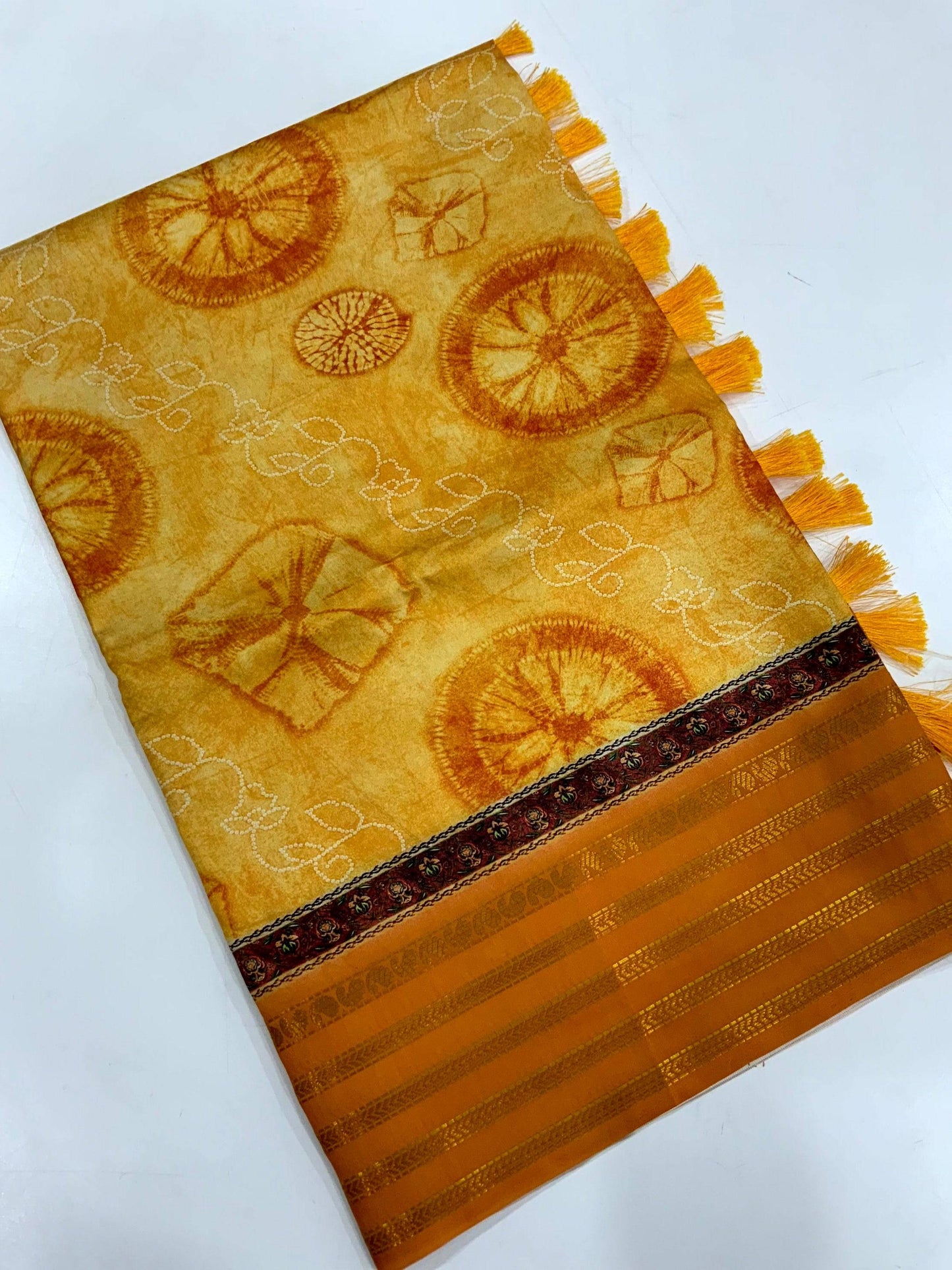 Mustard Soft Silk Shibori Printed Saree by My Store