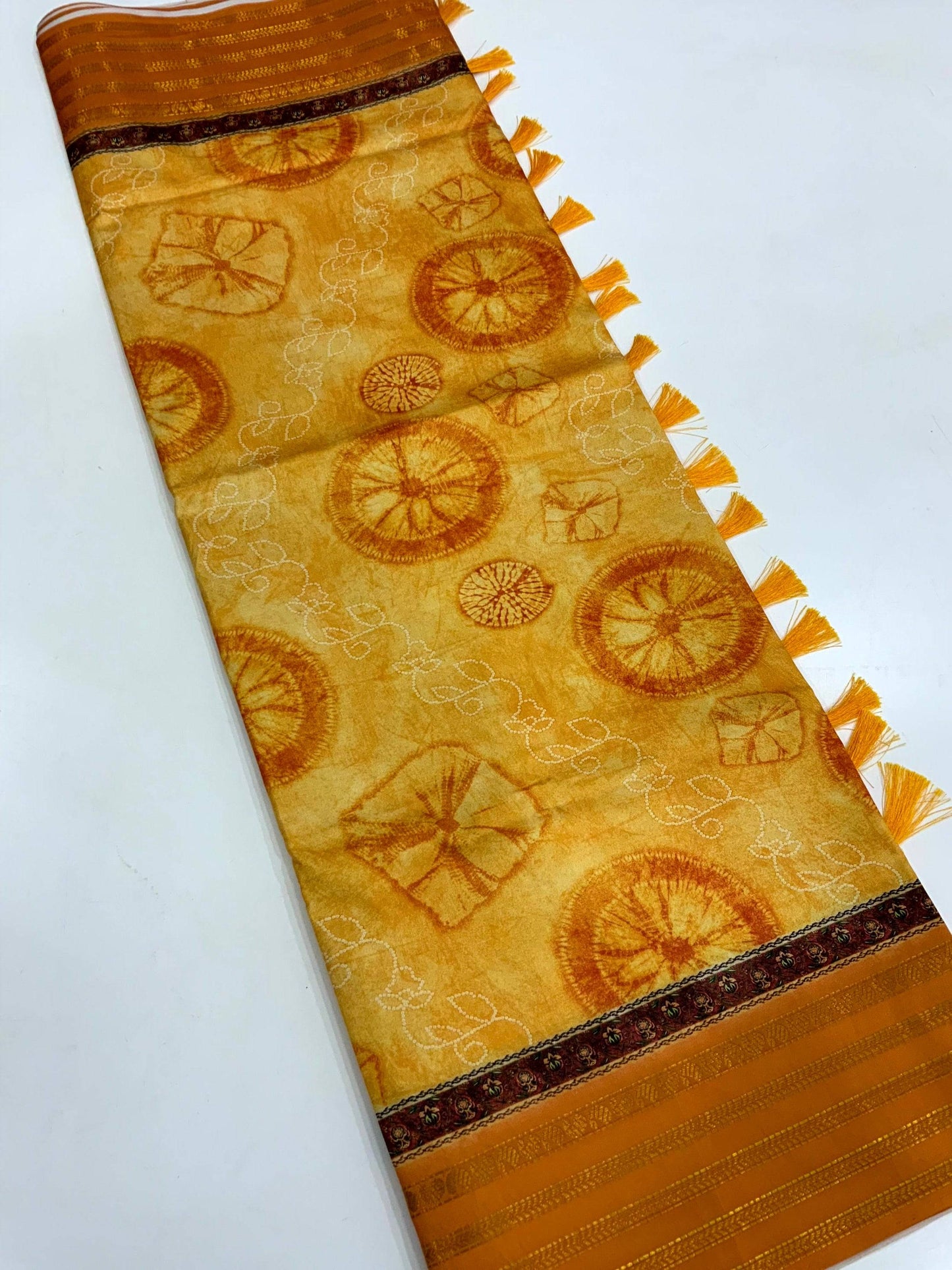 Mustard Soft Silk Shibori Printed Saree by My Store