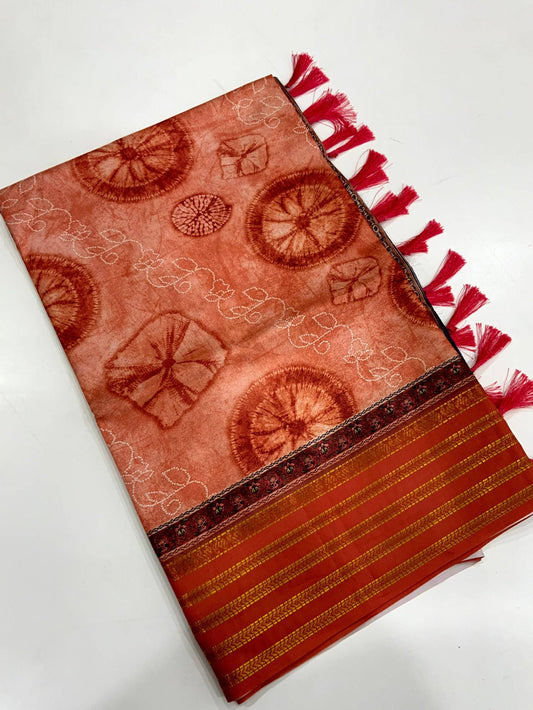 Rust Red Soft Silk Shibori Printed Saree by My Store