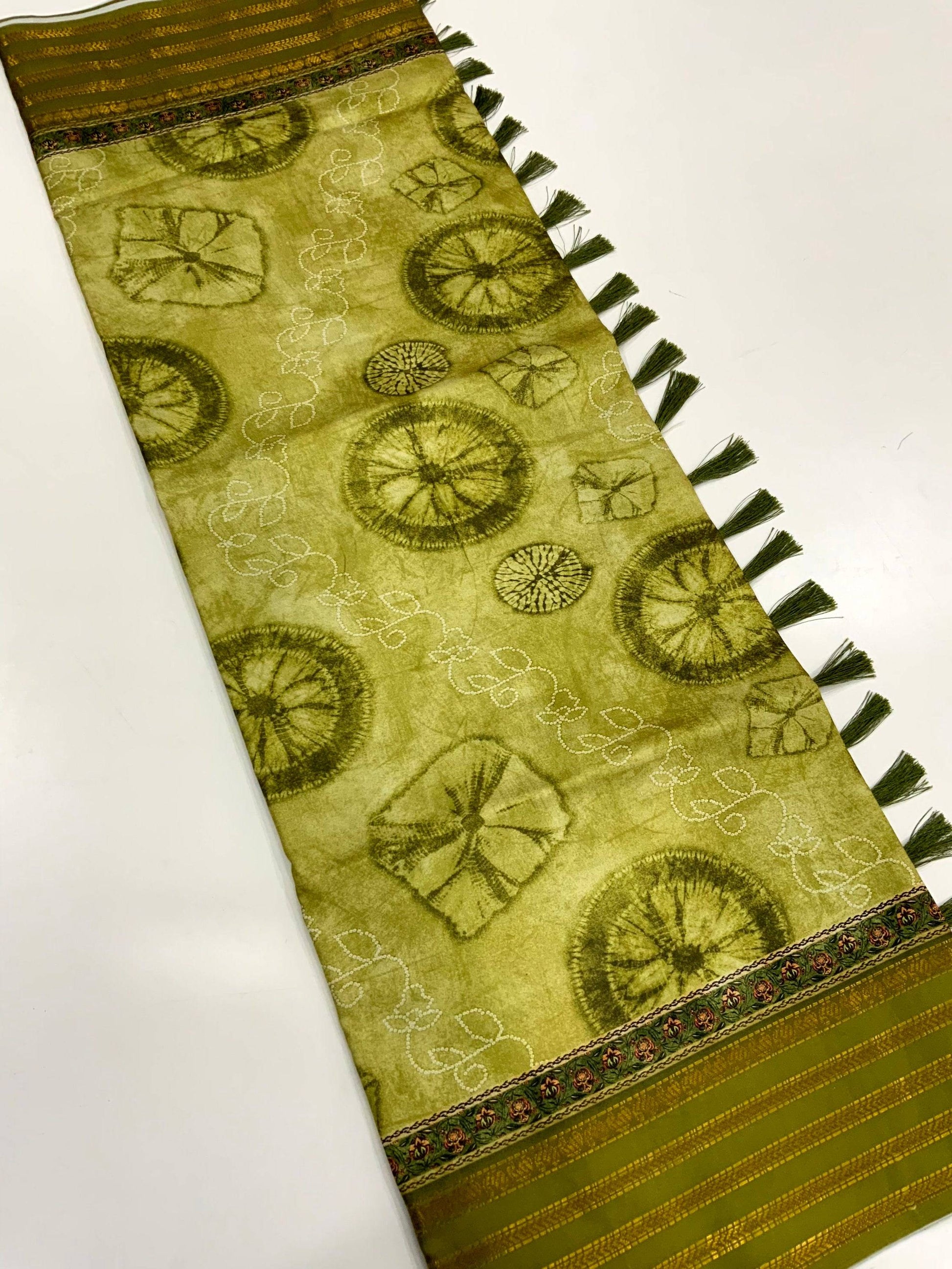 Olive Soft Silk Shibori Printed Saree by My Store