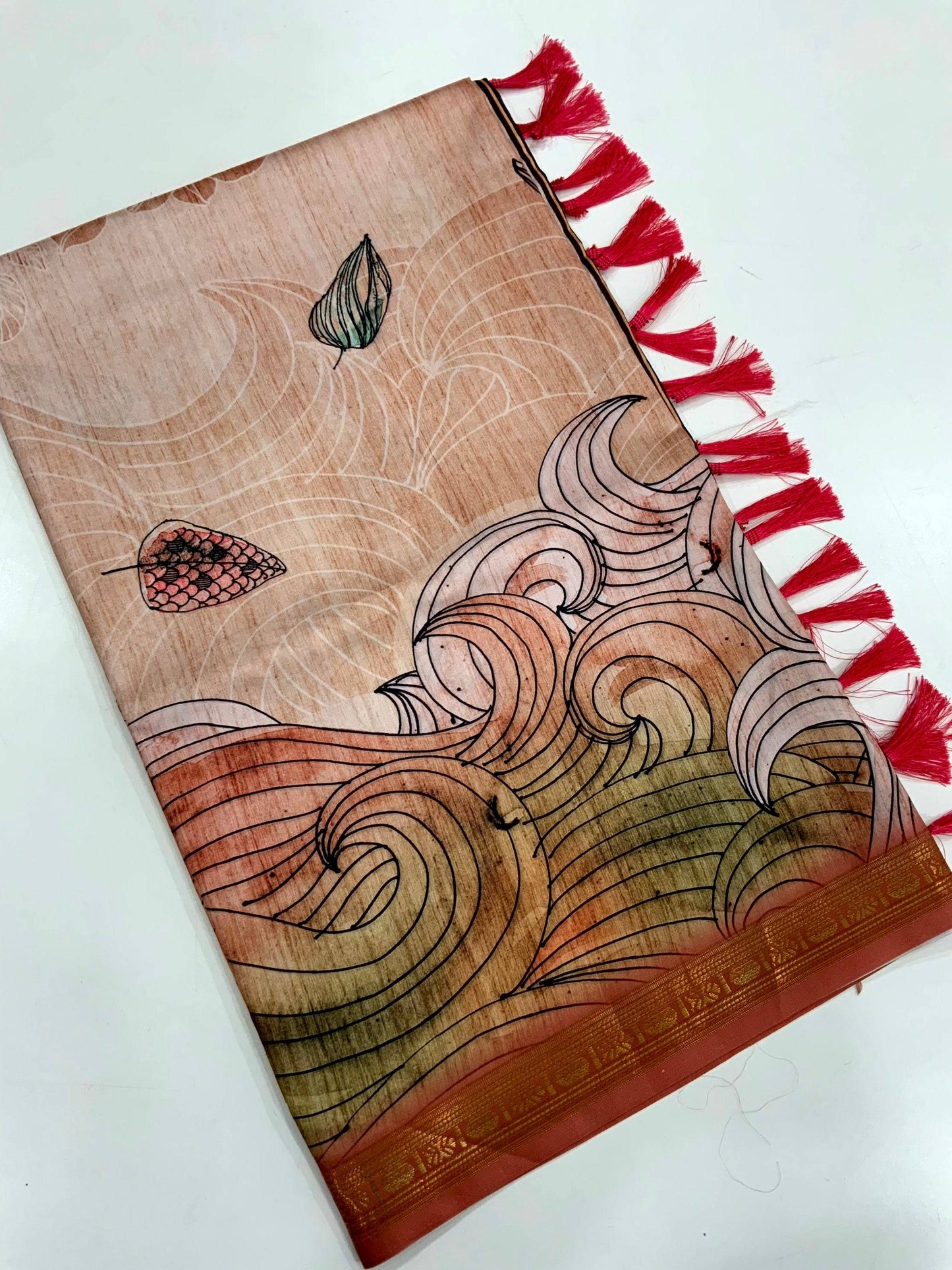 Pink Soft Silk Ocean Wave Patterns Saree by My Store