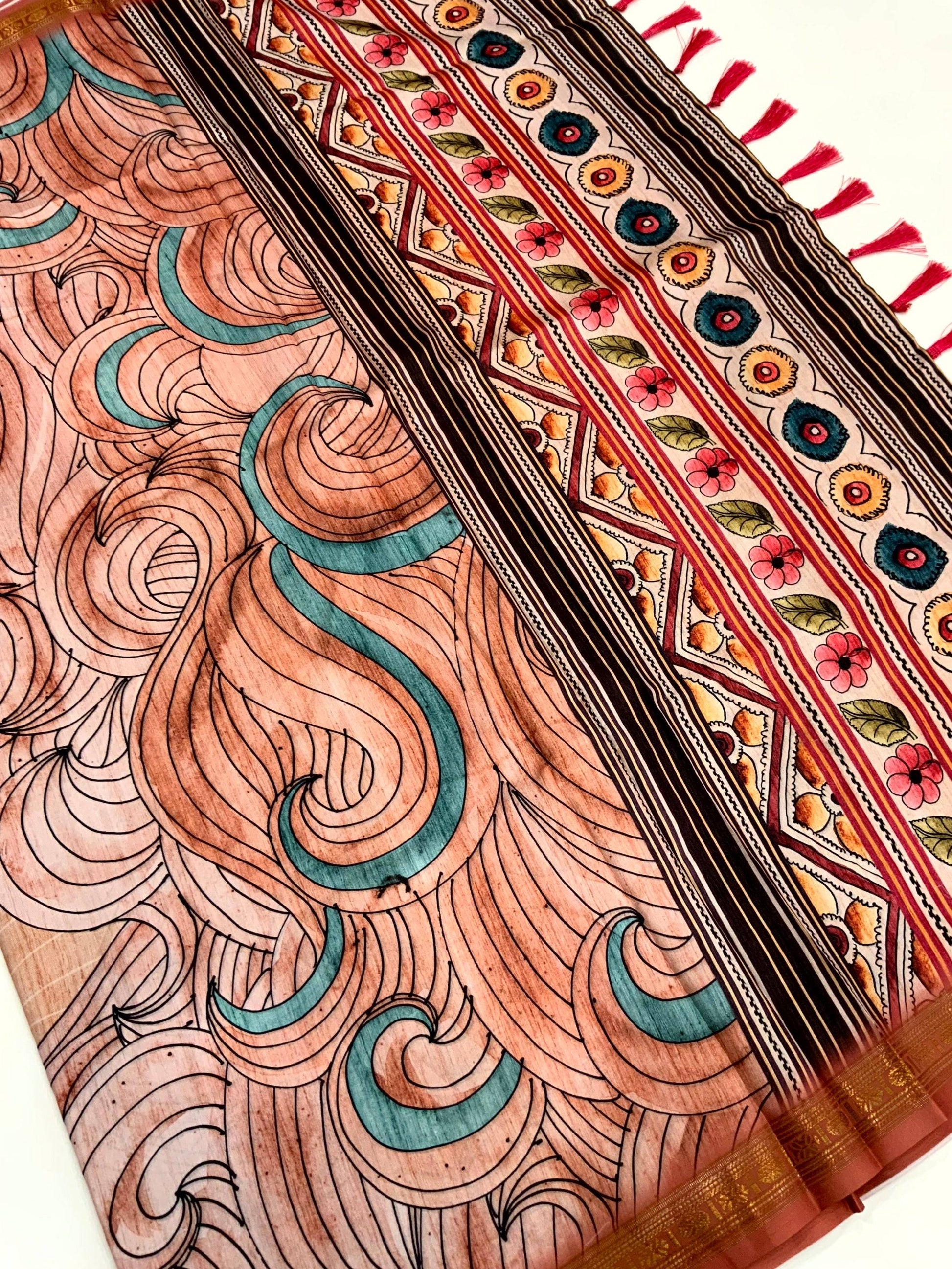 Pink Soft Silk Ocean Wave Patterns Saree by My Store