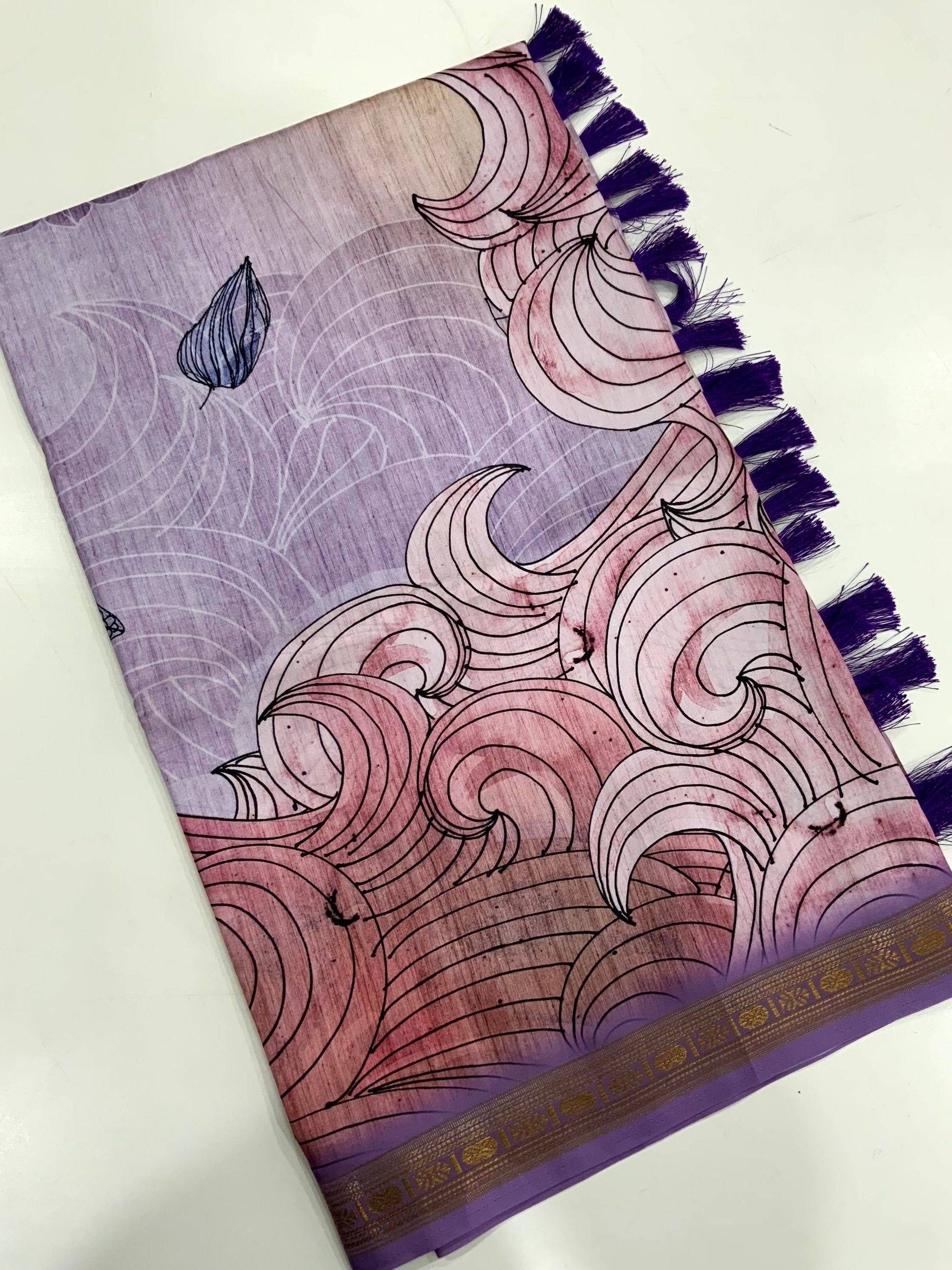 Purple Soft Silk Ocean Wave Patterns Saree by My Store