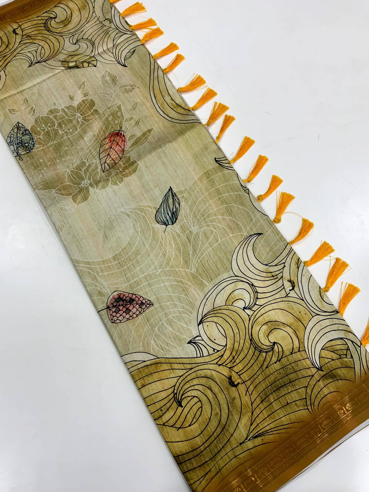 Olive Soft Silk Ocean Wave Patterns Saree by My Store