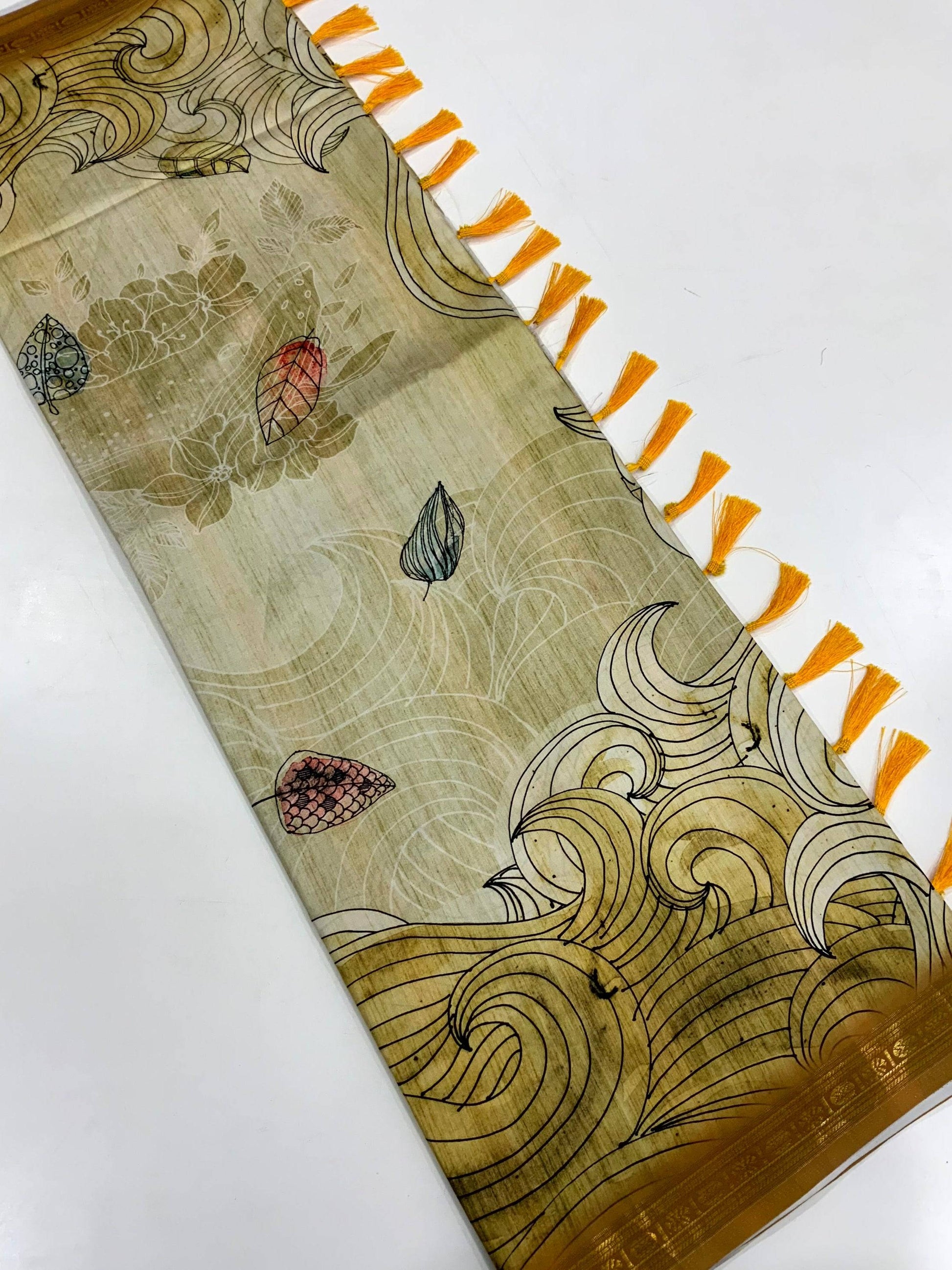 Olive Soft Silk Ocean Wave Patterns Saree by My Store