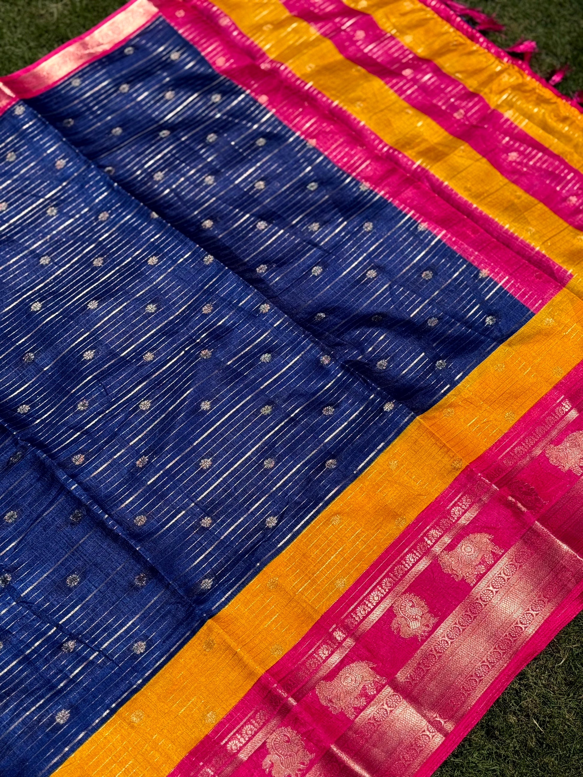 Royal Blue Soft Dola Silk Striped Print Saree by My Store