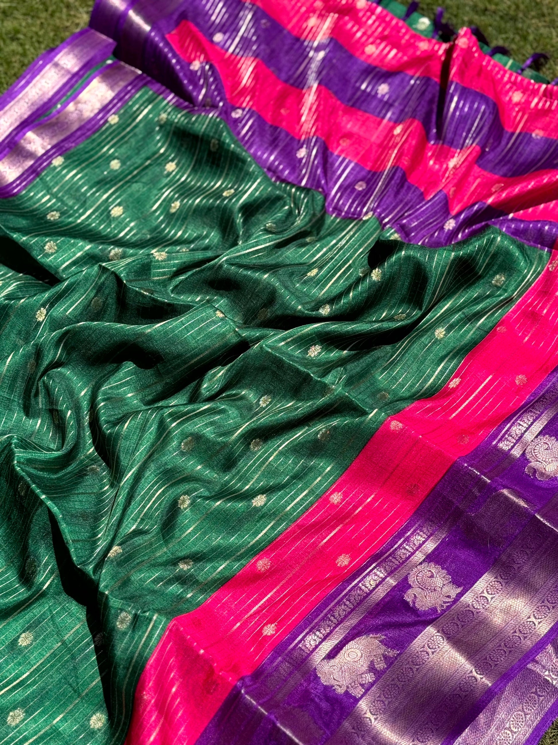 Green Soft Dola Silk Striped Print Saree by My Store