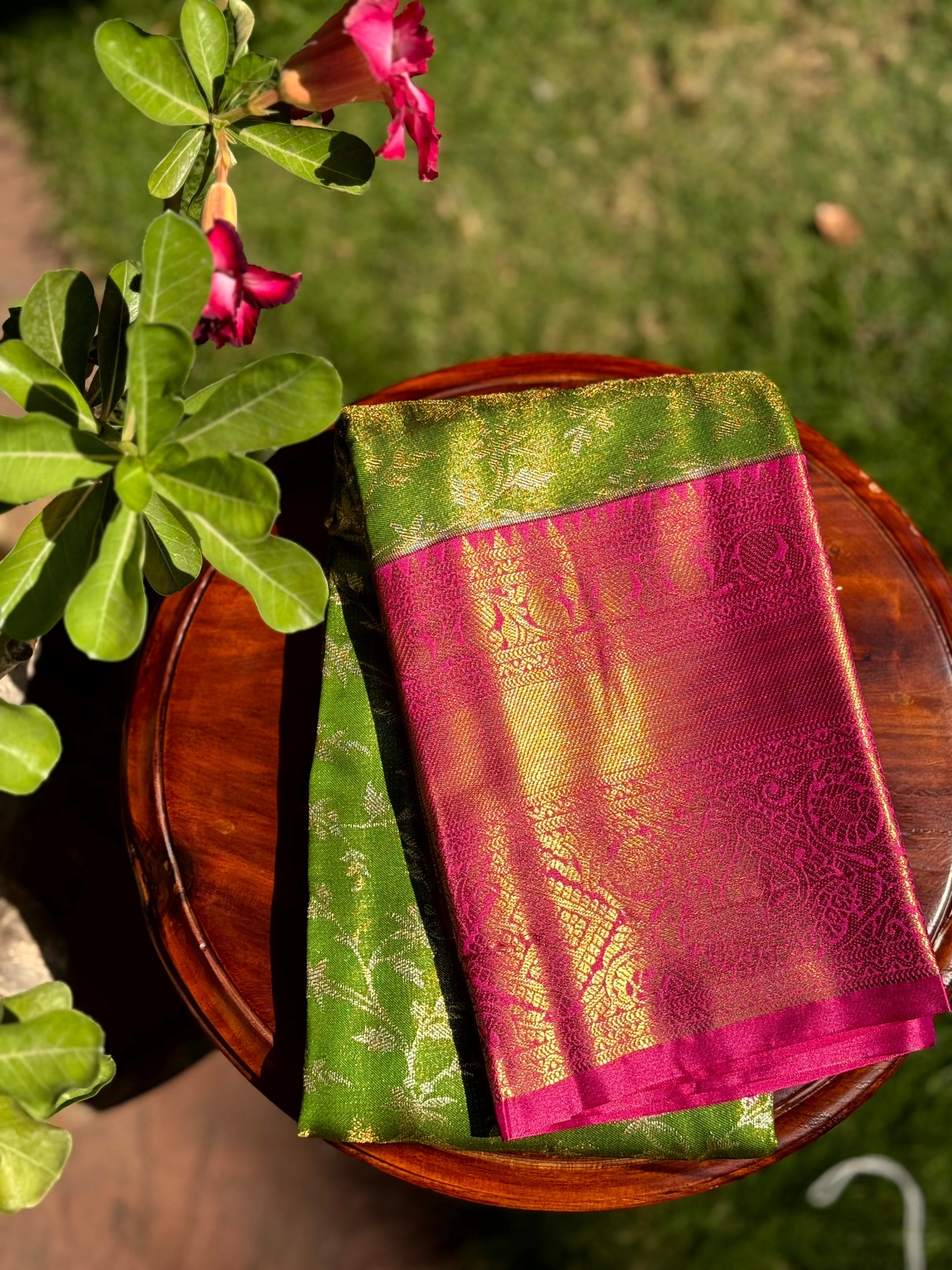 Lime Green Dharmavaram Silk Saree by My Store